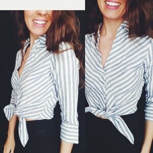 Alice NYC linen button up  blue and white striped blouse size 14